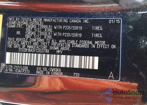 2015 Lexus Rx 450H z USA, uszkodzony, nr VIN 2T2ZB1BA5FC003788